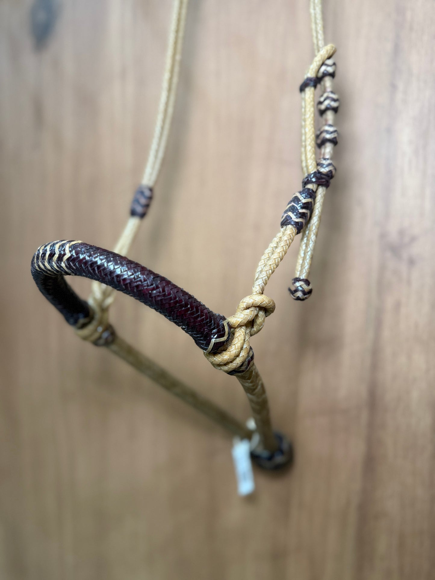5/8” rawhide braided bosal with natural accents & matching rawhide hanger with black knots