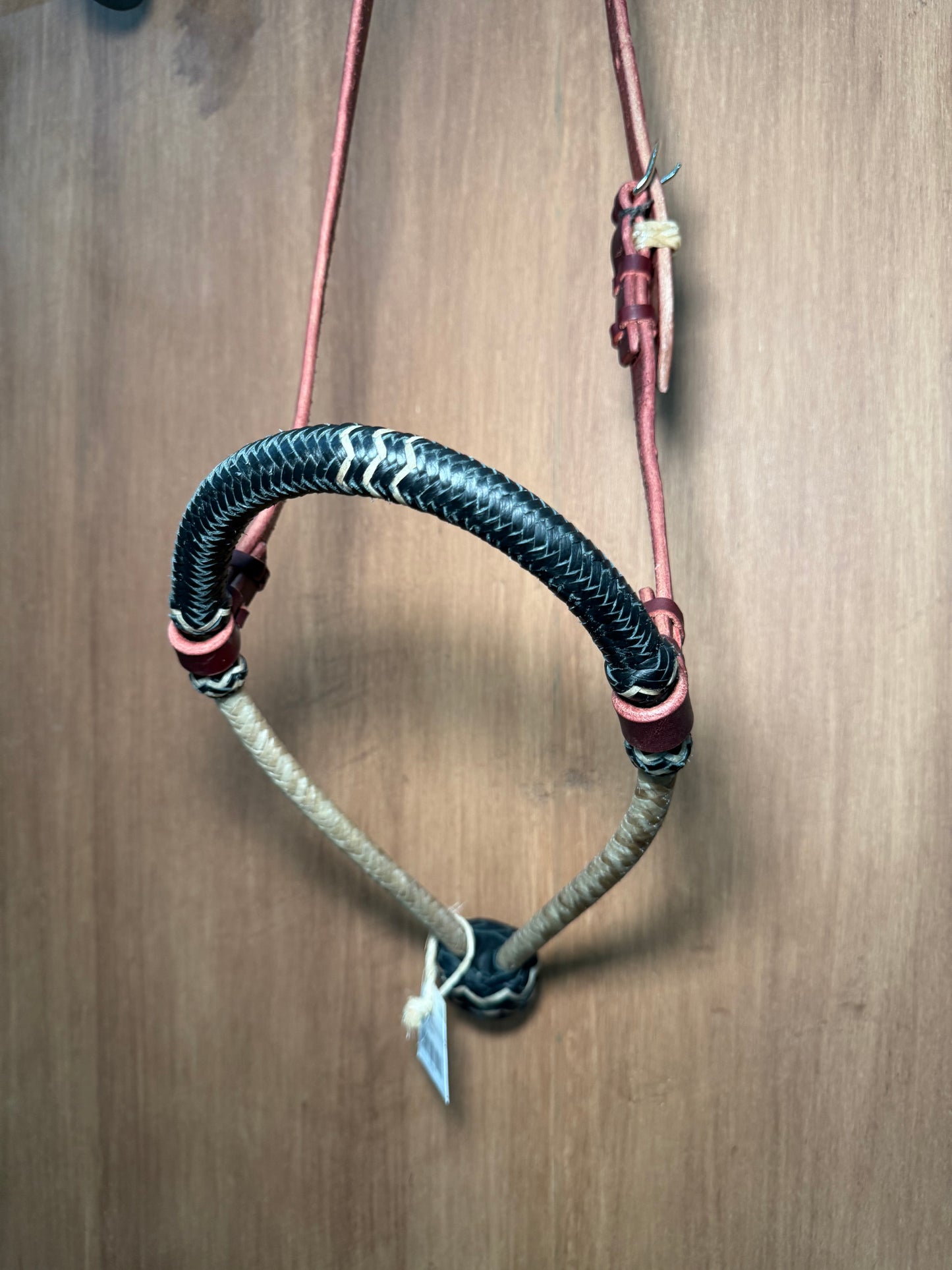 Black rawhide braided bosal 5/8” with natural accents and leather headstall
