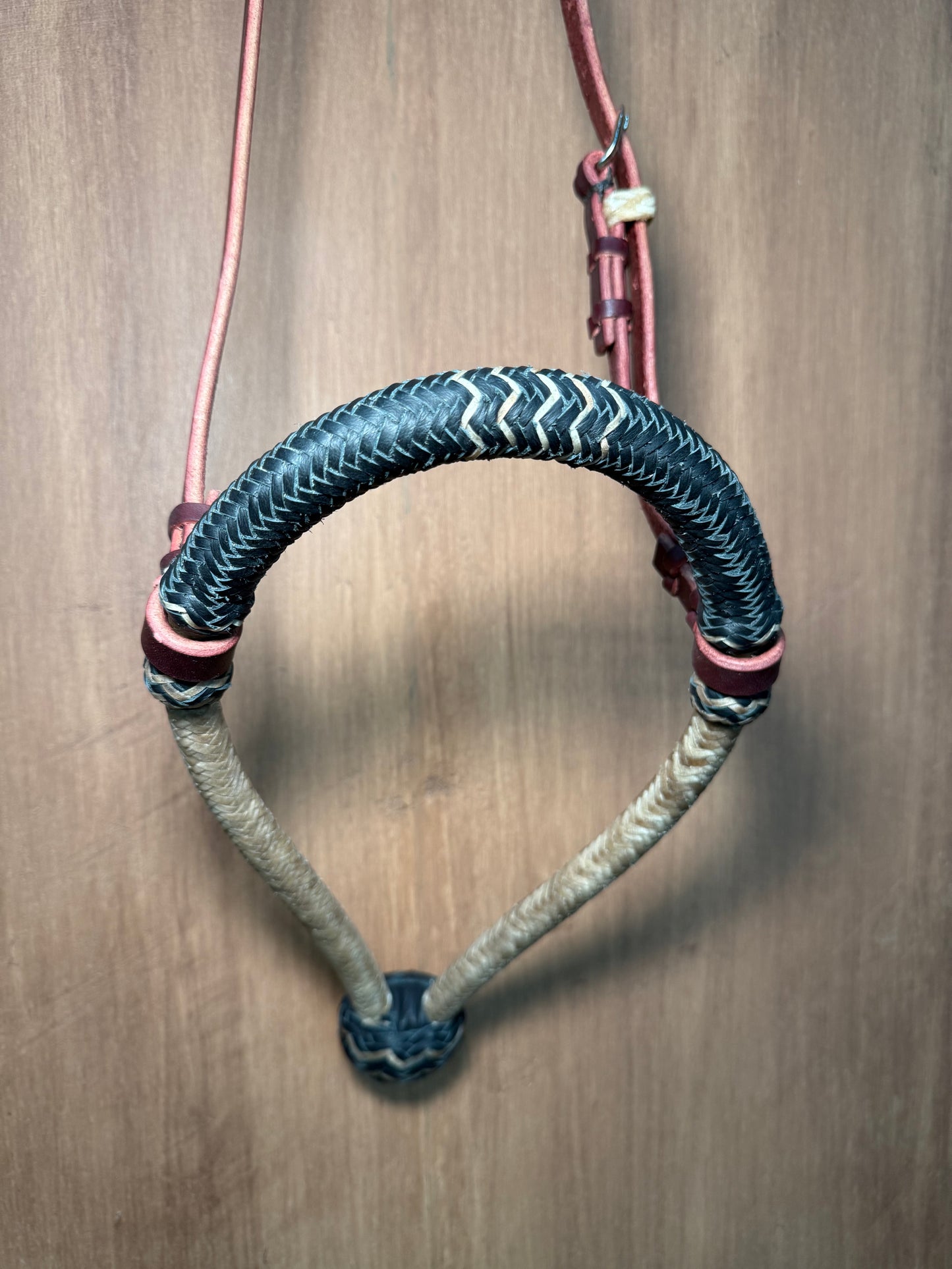 Black rawhide braided bosal 5/8” with natural accents and leather headstall